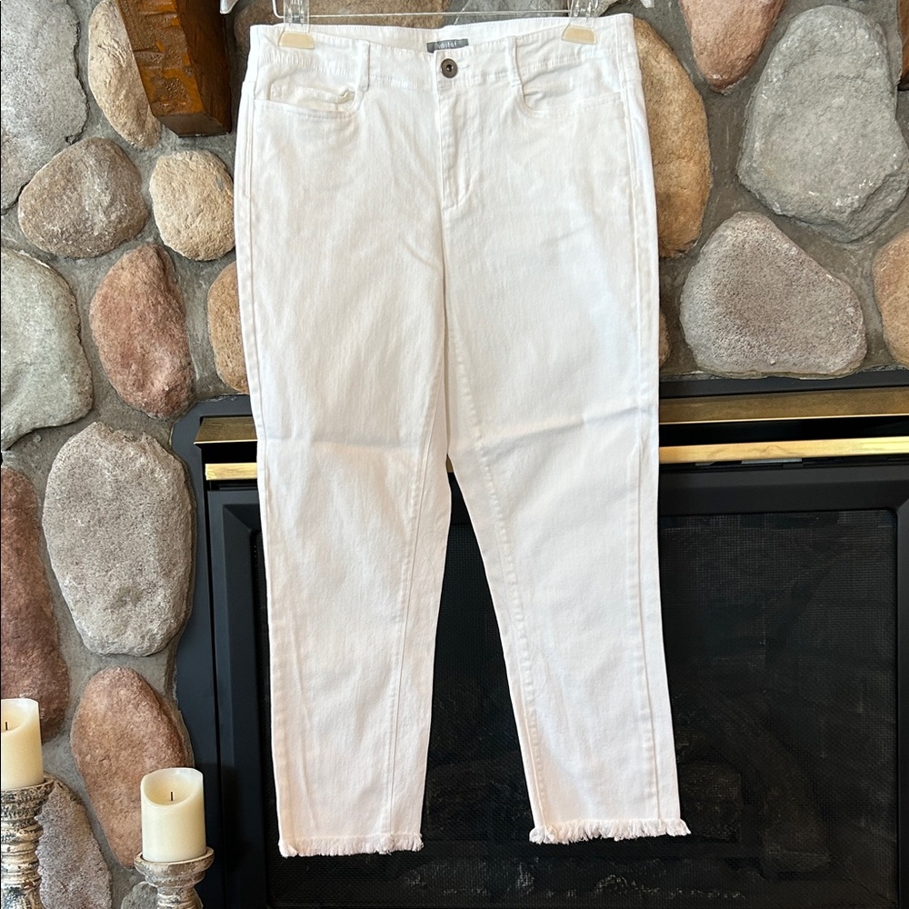 Habitat Women's White Stretch Denim Cropped Fringe-Hem Jeans, Size 10